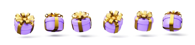 Set van 3d render cartoon gestileerde icoon van geschenk dozen met lint boog geïsoleerd op witte achtergrond