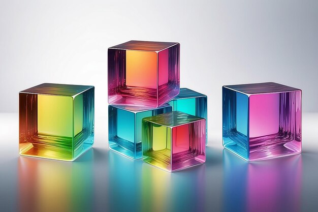 Foto set van 3d transparante glanzende kubussen met dispersie-effect regenboogkleuren reflectie glas vector illustratie