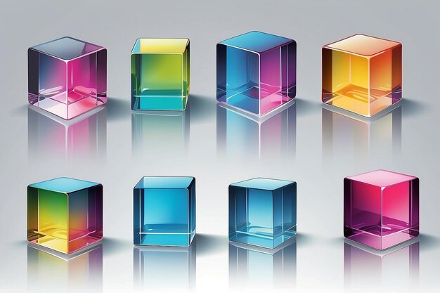 Set van 3d transparante glanzende kubussen met dispersie-effect Regenboogkleuren reflectie glas