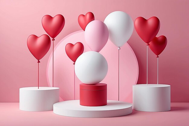 Foto set van 3d valentijnsdag achtergrond roze rode witte cilinder podium met drijvende pastel