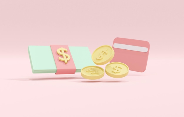 Set van 3D-weergave van minimale pastel geld investeringen elementen creditcard contant geld en geld factuur isoleren op witte achtergrond. 3D geef illustratie terug.