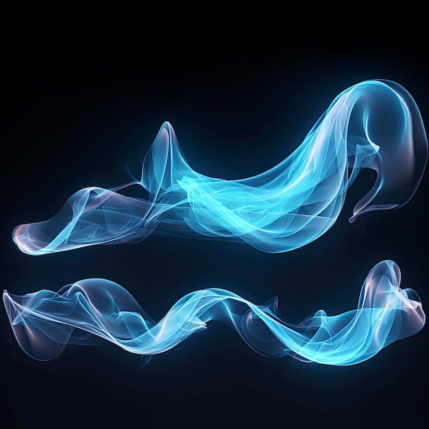 Foto set van abstract licht effecten van lucht wind en stromen van frisse bries op een zwarte achtergrond in blauw
