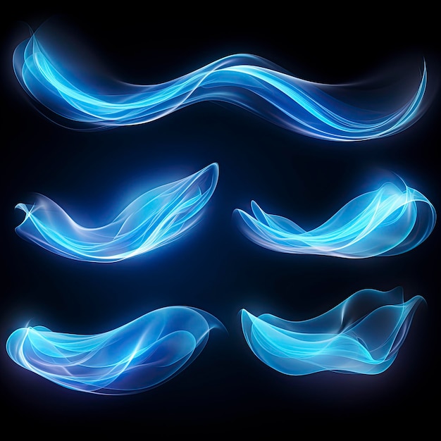 Set van Abstract licht effecten van lucht wind en stromen van frisse bries op een zwarte achtergrond in blauw