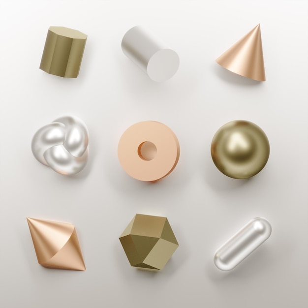 Set van abstracte minimale 3D geometrische vormen met verschillende materialen