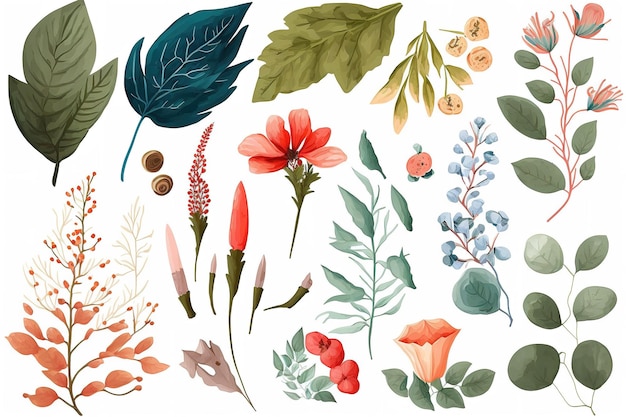 Set van afzonderlijke delen van bloemen in aquarellen