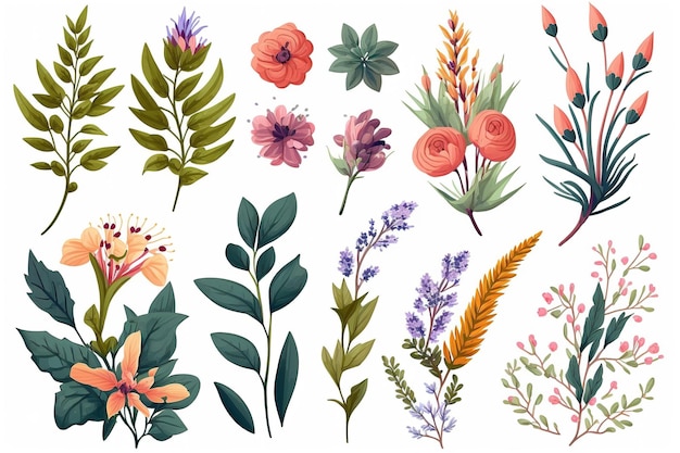 Set van afzonderlijke delen van bloemen in aquarellen