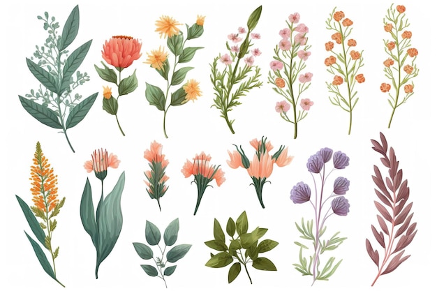 Set van afzonderlijke delen van bloemen in aquarellen