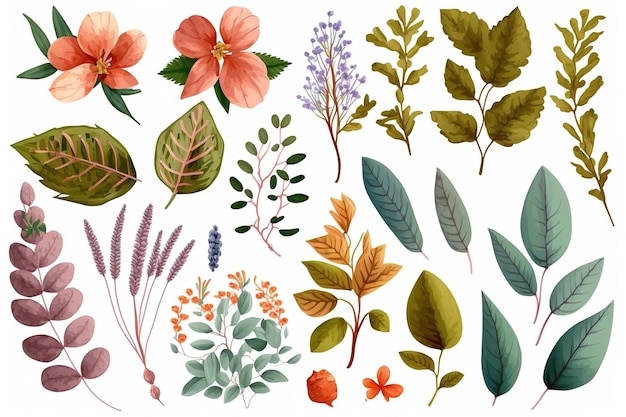 Set van afzonderlijke delen van bloemen in aquarellen
