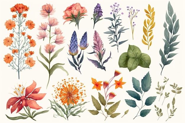 Set van afzonderlijke delen van bloemen in aquarellen
