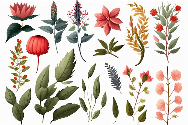 Set van afzonderlijke delen van bloemen in aquarellen