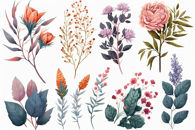 Set van afzonderlijke delen van bloemen in aquarellen