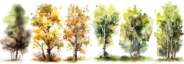Set van aquarel berkenbos Aquarel boom illustratie Geïsoleerd op witte achtergrond Generatieve Ai