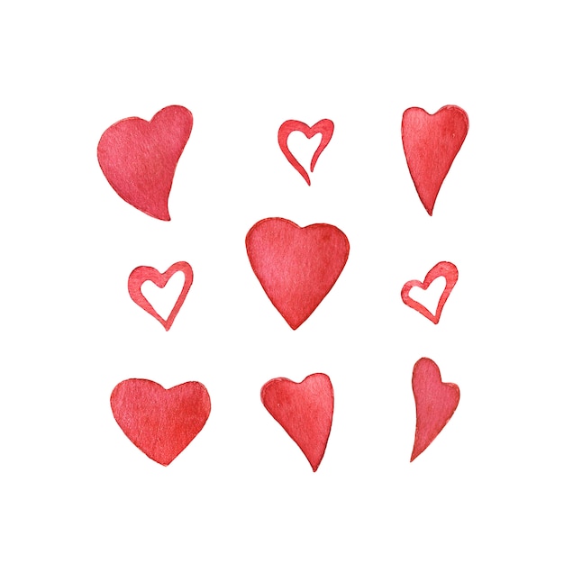 Set van aquarel harten voor Valentijnsdag kaart.