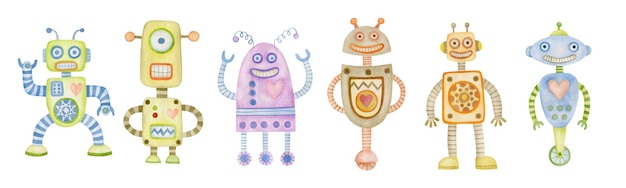 Set van aquarel illustraties robots party