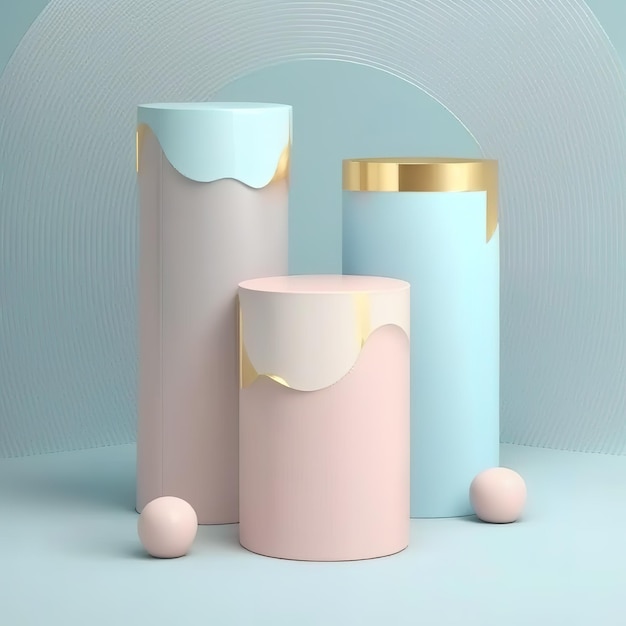 Set van beige blauw roze en wit realistische 3D cilinder voetstuk podium in pastel kleurrijke abstracte