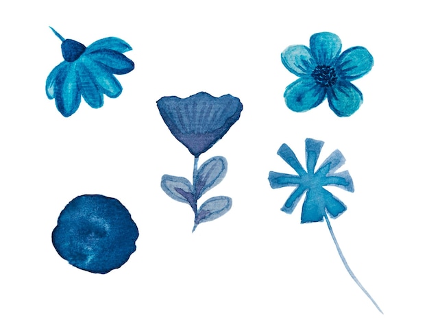 Set van blauwe aquarel bloemen geïsoleerd op wit Indigo blauwe kleur van clipart handgeschilderde illustratie