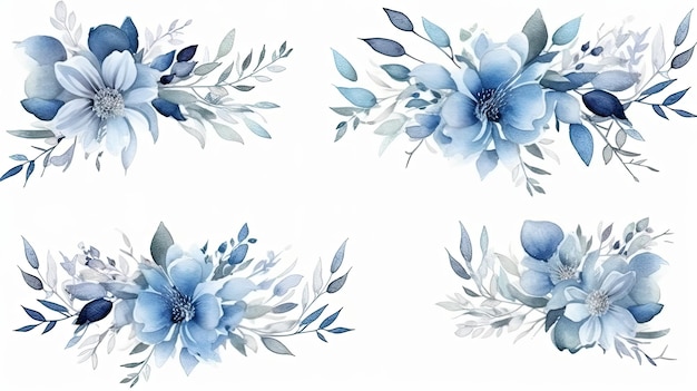 Set van blauwe en grijze aquarel bloemen frame voor bruiloftsuitnodiging