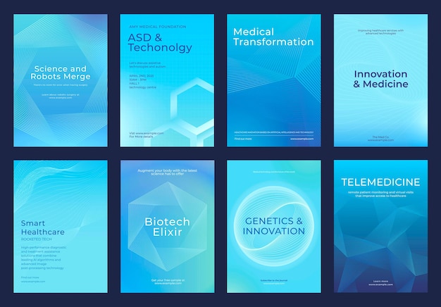 Set van blauwe medische posters met technologische innovatie en gezondheidszorg thema's Inclusief tekst over wetenschap vector robots genetica en telemedicine Medische technologie gezondheidszorg sjabloon set