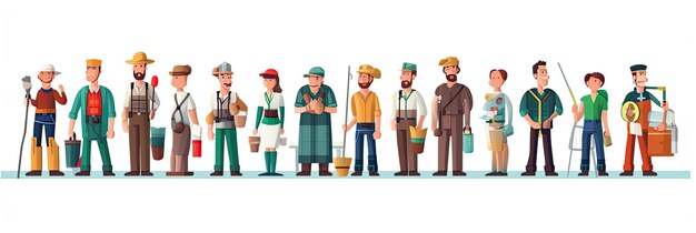 Foto set van bouwers technici ingenieurs en industriële arbeiders cartoon mensen personages in uniform geïsoleerde lijn kunst platte vector illustratie generative ai