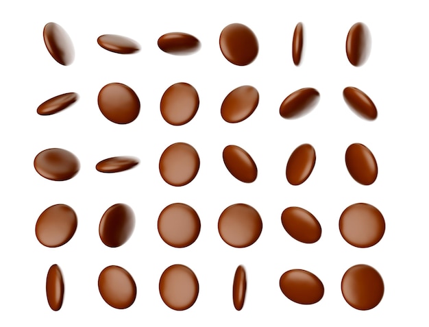 Set van bruine knoppen of snoepjes donkere chocolade voor witte achtergrond 3d illustratie
