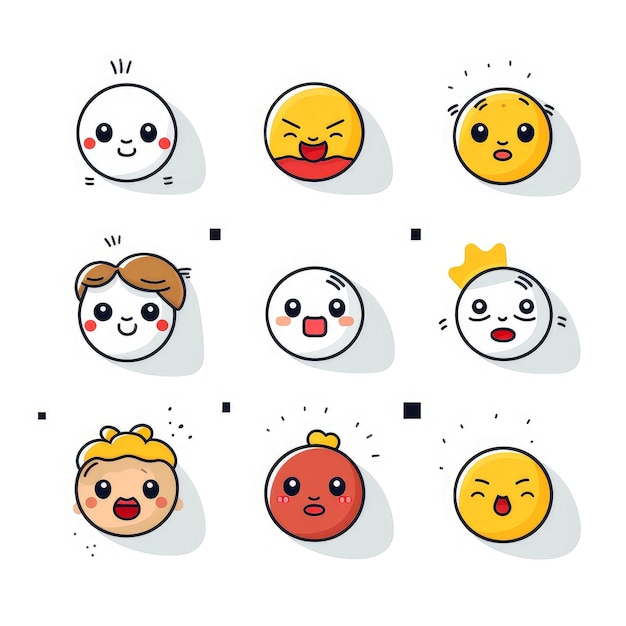 Foto set van cartoon gezichten uitdrukkingen gezicht emojis stickers emoticons cartoon grappige mascotte personages