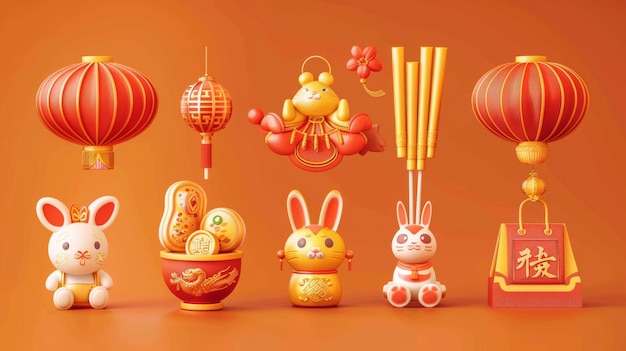 Set van Chinese nieuwjaars gelukstokken geïsoleerd op oranje achtergrond omvat konijnen die traditionele outfits dragen gelukstokjes wortel emmers rode enveloppen munten en goudblokken