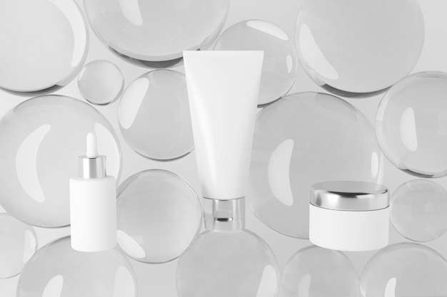 Set van cosmetische producten mockup met glazen bol. 3D-rendering ontwerp.