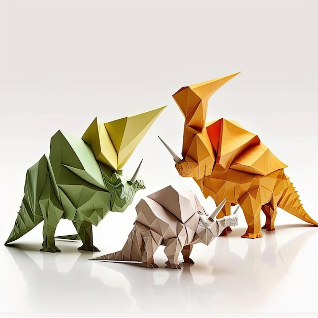 Set van dinosaurussen origami witte achtergrond gemaakt door aikunstmatige intelligentie