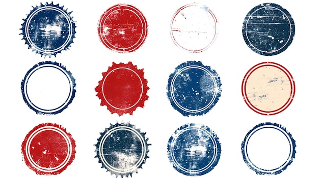 Foto set van distressed postzegels cirkels banners insignias logos iconen labels en badges met grunge texturen en lege vormen