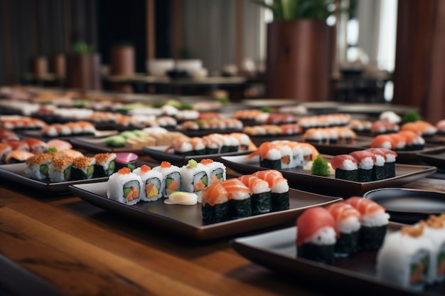 Set van diverse sushi gerangschikt op plaat over houten tafel AI gegenereerd