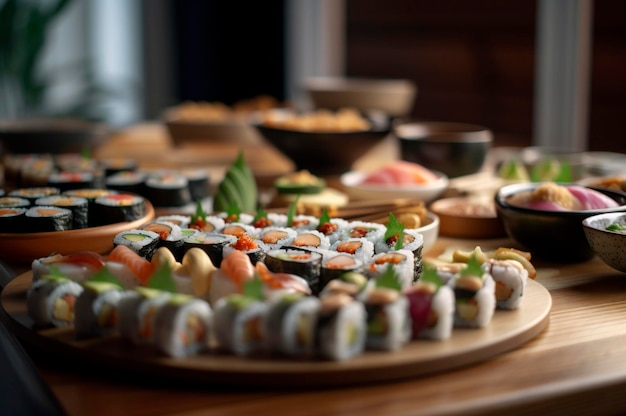 Set van diverse sushi gerangschikt op plaat over houten tafel AI gegenereerd