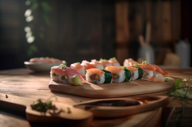 Set van diverse sushi gerangschikt op plaat over houten tafel AI gegenereerd