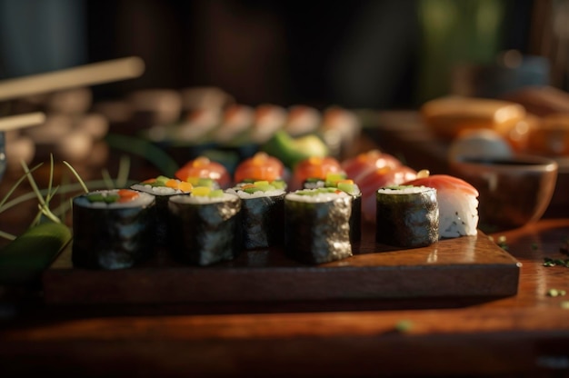 Set van diverse sushi gerangschikt op plaat over houten tafel ai gegenereerd