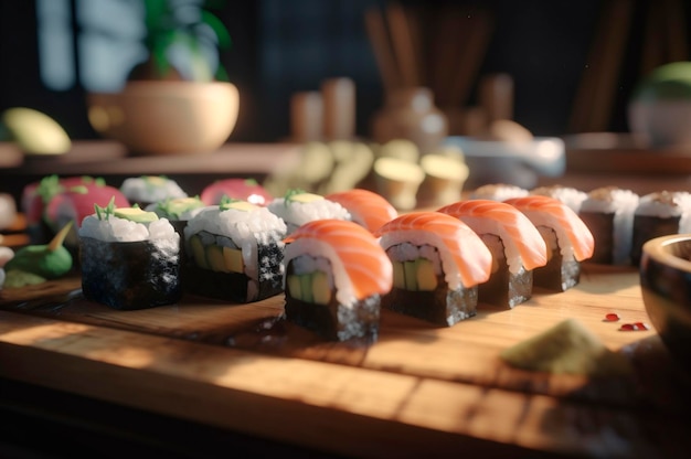 Set van diverse sushi gerangschikt op plaat over houten tafel AI gegenereerd