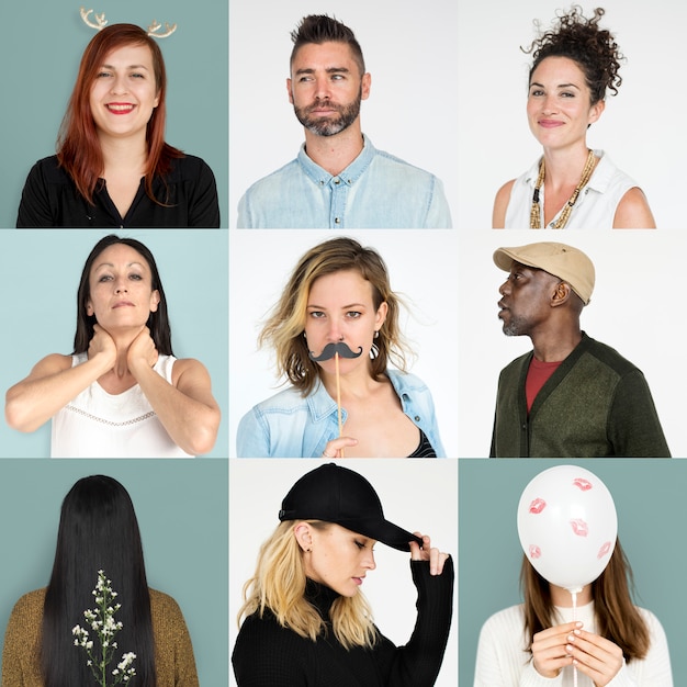 Set van diversiteit mensen face expression lifestyle studio collage