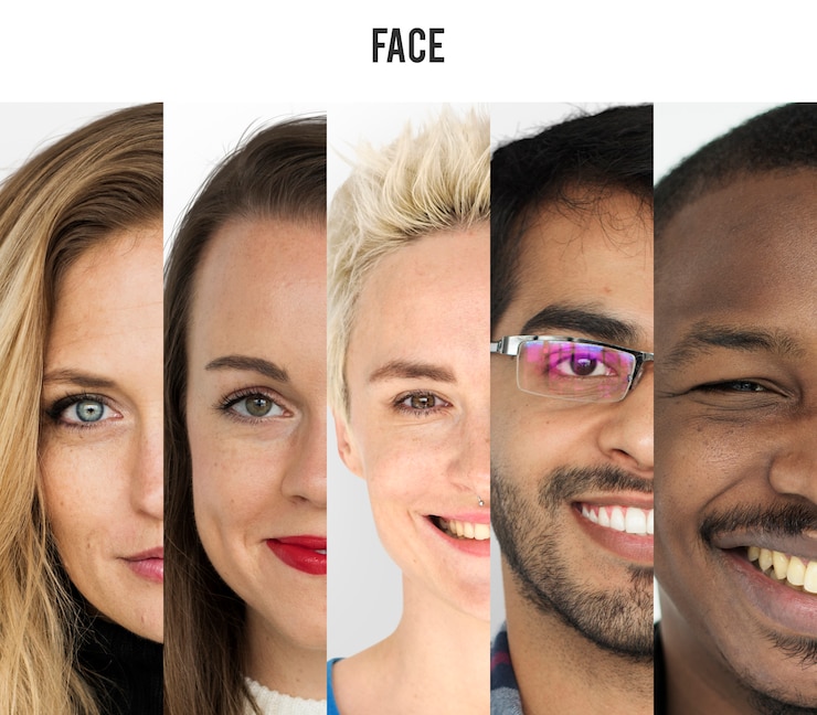 Foto set van diversiteit mensen happy face expression emotion studio collage