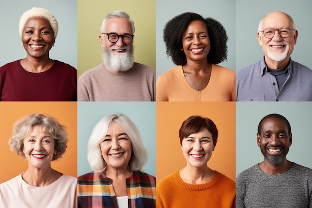 Foto set van diversiteit senioren volwassen gepensioneerden gezicht uitdrukking meerrassige groep van gelukkige positieve