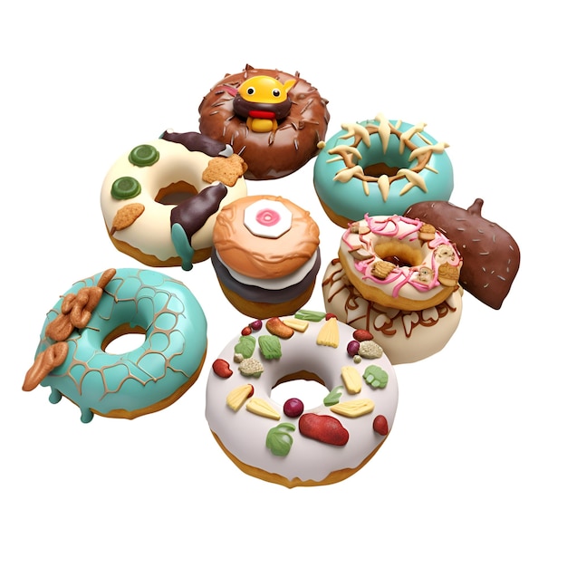 Set van donuts geïsoleerd op witte achtergrond 3D rendering