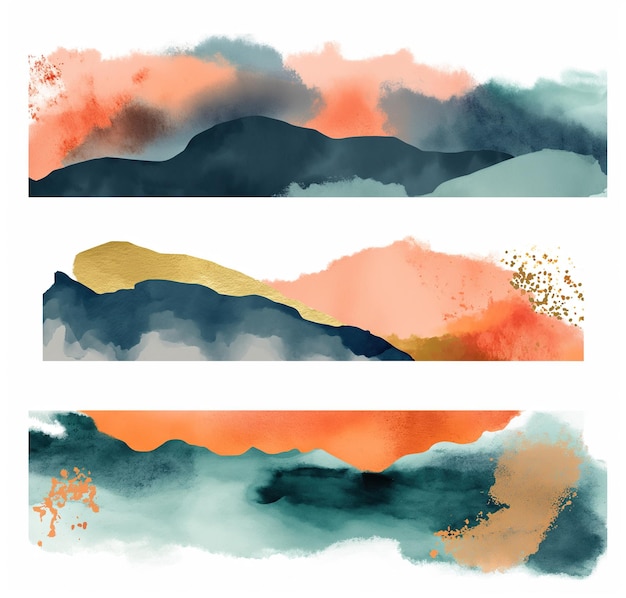 Set van drie artistieke aquarelbanners met abstracte berglandschappen met levendige zonsondergangen en gouden hoogtepunten