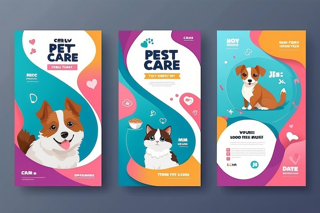 Set van drie krullende geometrische achtergrond van huisdierenverzorging promotie banner social media pack sjabloon premium vector