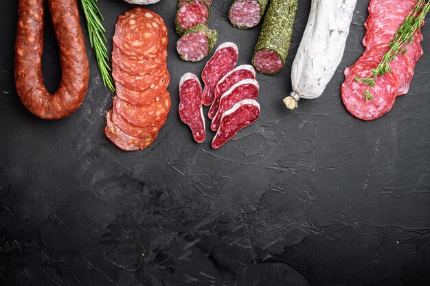 Set van droge genezen salami, Spaanse worst, plakjes en bezuinigingen op zwart, bovenaanzicht met kopie ruimte