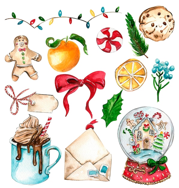 Set van elementen voor kerstcadeaus cupcake cake koekjes dennen takken