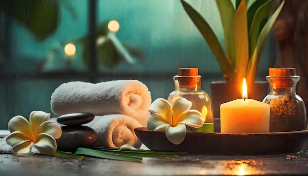 Foto set van essences zouten en handdoeken spa en wellness concept