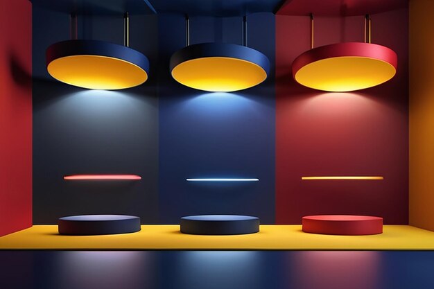 Foto set van gele donkerblauwe rode realistische 3d drijvende cilinder podium in hoekkamers met hangende neonlampen