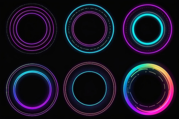 Set van gloeiende neon kleur cirkels ronde curve vorm met golvende dynamische lijnen geïsoleerd