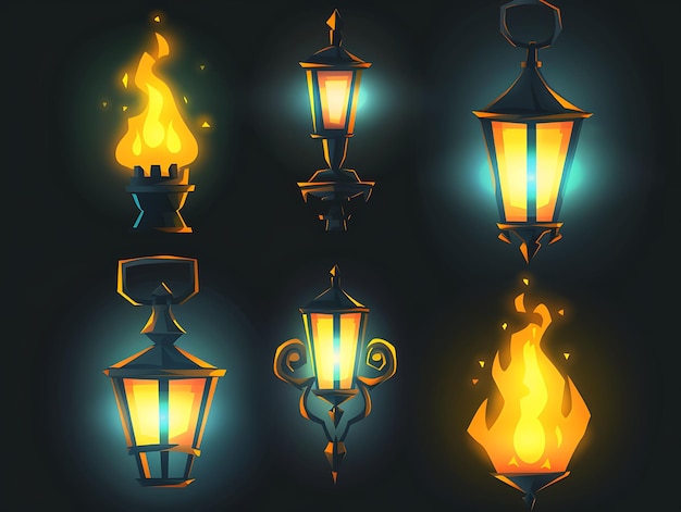 Set van Glowing Lantern 16 Bit Pixel met metaal en vlam met Soft Game Asset Tshirt Concept Art