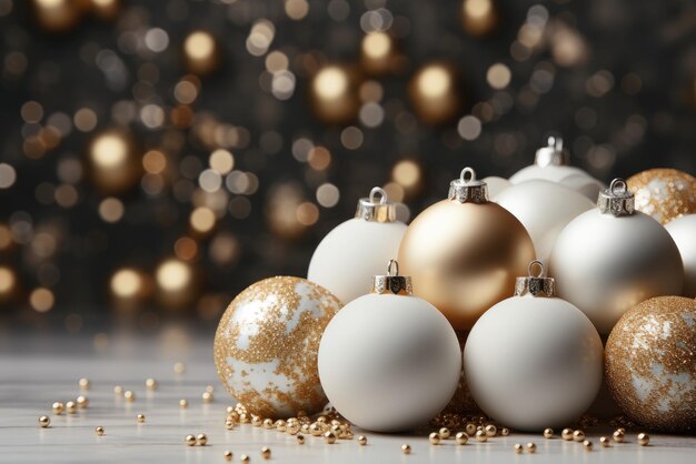 Foto set van gouden en witte glanzende kerstboomballen op een achtergrond van kerstverlichting feestelijke achtergrond