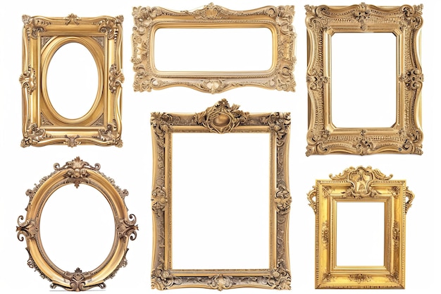 Set van Gouden luxe rand frame ontwerp op witte achtergrond of Decoratieve vintage bloemen ornament frames