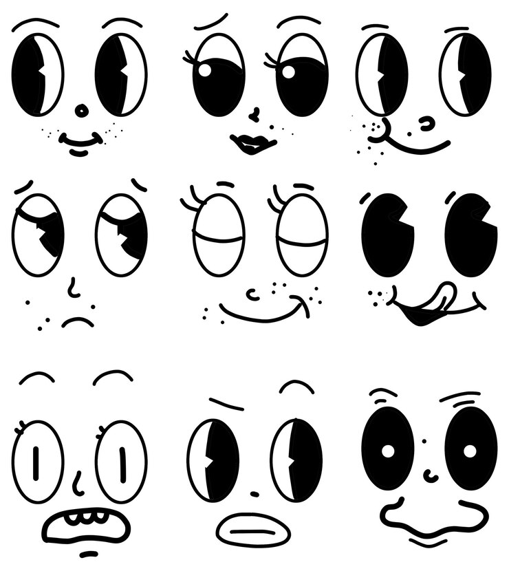 Foto set van groovy gezichten cartoon handtekening