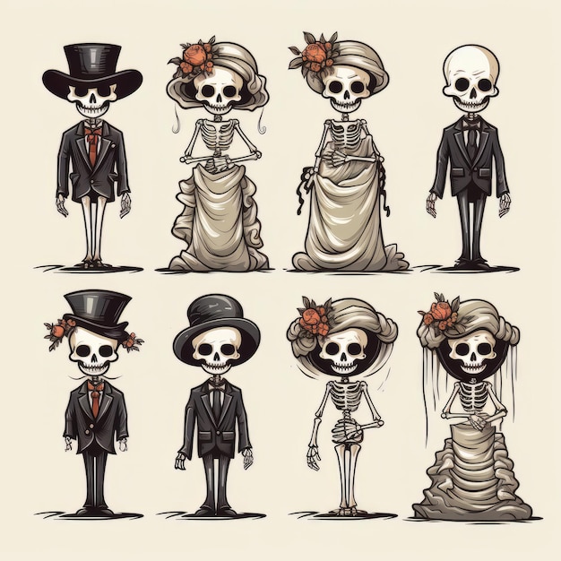 Set van Halloween skelet tekens Vector illustratie in een cartoon-stijl